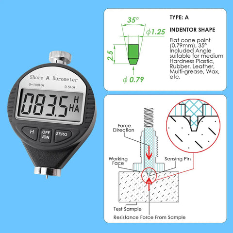 Shore A Durometer Hardness Tester For Rubber And Tire Materials 0 To 100HA Digital Gauge With Large LCD Display Portable And Lightweight ISO 868 7619 Compliant Hold Function Precise Easy Readout Meter