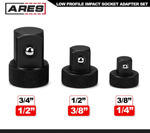 Low Profile Impact Socket Adapter Set For Tight Spots With 1/4 In F To 3/8 In M 3/8 In F To 1/2 In M 1/2 In F To 3/4 In M Heat Treated Chrome Vanadium Steel Knurled Grip For Enhanced Dexterity And Long Life