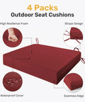 Outdoor Chair Cushions Set Of 4 With Ties All Weather Water Resistant High Density Foam Filling Square Corner Seats