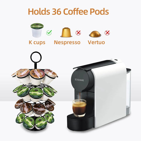 Image showing 36 Pod K Cup Carousel Coffee Holder Rotating Metal Pod Organizer in Black next to a coffee machine.