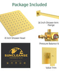 Package components of the Brushed Gold Three Way Shower Set With Valve 8 Inch Square Shower Head Single Handle Trim Kit