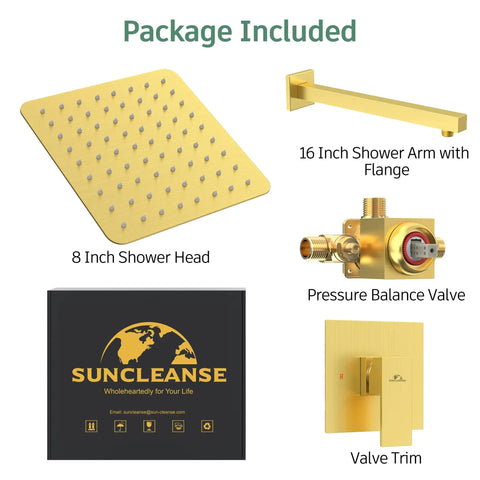 Package components of the Brushed Gold Three Way Shower Set With Valve 8 Inch Square Shower Head Single Handle Trim Kit