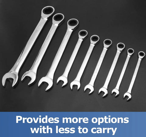 Set of nine metric ratchet wrenches with chrome finish, various sizes including 18mm metric ratchet wrench end head 72 tooth ratcheting gear.