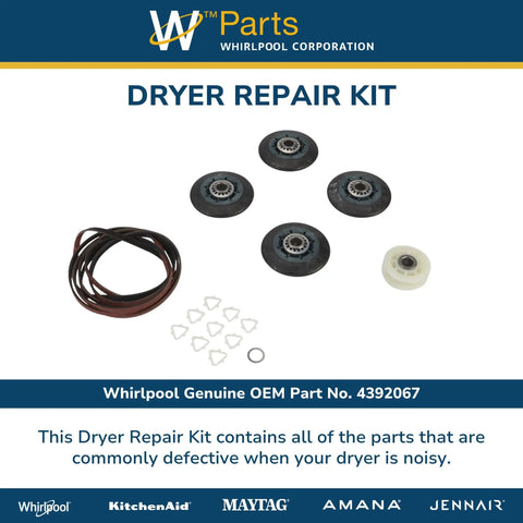 Dryer Repair Kit With Belt, Four Drum Rollers, Idler Pulley, Nine Triangle Clips And Washer, Replaces 3387610 And 661570 parts display