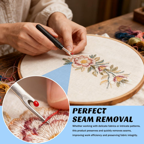 Seam Ripper Kit With 2 Large And 2 Small Stitch Removers for embroidery displayed on floral fabric