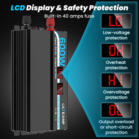 600W Pure Sine Wave Inverter For Cars And Homes, 12V DC To 120V AC Converter With LCD display showing voltage protection settings