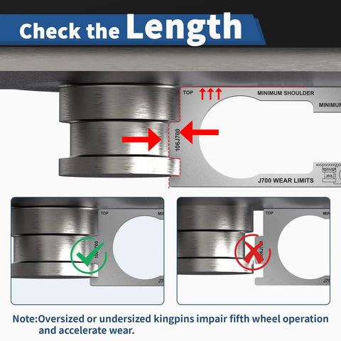 SAE J700 Compliant King Pin Gauge For Trailers Quick Three Step Wear Height And Squareness Check To Prevent Accidents Keep Your Rig Safe Durable Silver Tool For Precise Pin Measurements showing J700 wear limits and length check