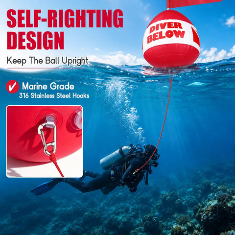 Self Righting Inflatable Surface Marker Buoy With Dive Down Flag and 8ft Rope for Freediving and Scuba Training underwater view