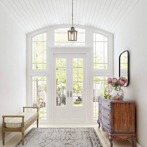 Small Rustic Farmhouse Wooden Pendant Light 1 Light Hanging Ceiling Fixture For Kitchen Island Foyer Dining Room Bedroom Living Room Handmade Antique Style With Adjustable 59-Inch Chain E26 Socket Dimmer Ready Bulb Not Included hanging in bright foyer.