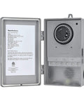 Open view of Beefy Outdoor Mechanical Pool Pump Timer Box 40A 120 to 277 VAC 24 Hour Programmable On Off Switch inside enclosure.