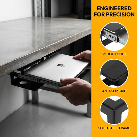 Under Desk Laptop Mount Bracket with Non Slip Pads, solid steel frame holding a laptop, engineered for precision.
