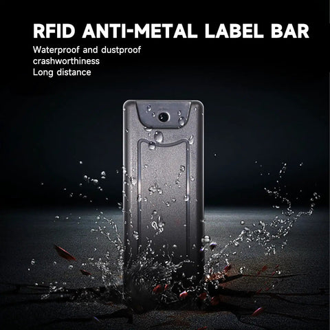 Set Of 10 UHF RFID Anti Metal Tag Strips With Long Reading Range, waterproof asset tracking tags surrounded by water splashes