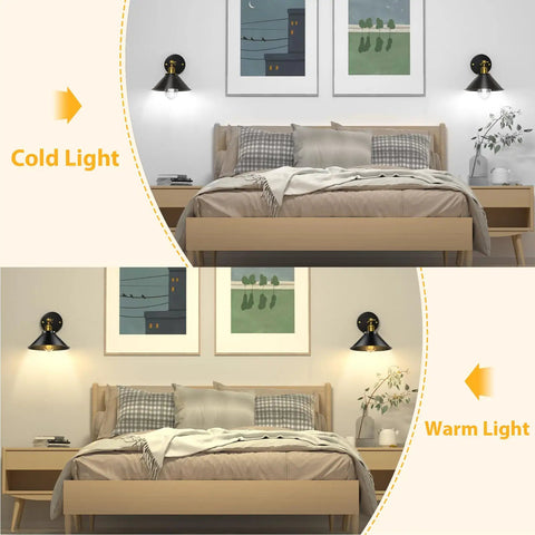 Vintage Industrial Black Wall Sconces 240 Degree Adjustable Antique Style For Restaurants Galleries Kitchens Hallways Doorways UL Approved 3 Pack Wall Lighting showing cold and warm light settings in a bedroom.