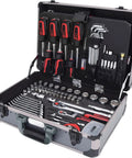 KS TOOLS 149-piece universal toolkit in an open metal case with red-handled screwdrivers and sockets.