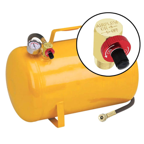 Shop Floor Ready Brass Air Tank Manifold With Half Inch Mnpt Fill Port And Quarter Hose Link Plus Eighth Gauge Socket showing yellow tank and valve.