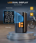Dual LCD of 4X Faster Dope Bike Floor Pump With Gauge And Auto Stop 160 PSI Compact Mini Pump on display stand.