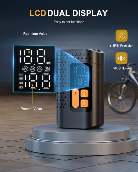 Dual LCD of 4X Faster Dope Bike Floor Pump With Gauge And Auto Stop 160 PSI Compact Mini Pump on display stand.