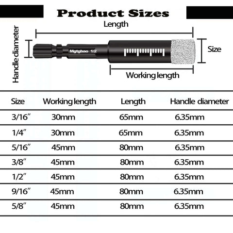 Mgtgbao 6pc dry diamond drill bits set with hex shank, shown in a size-chart diagram