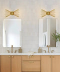 Brass Mid Century Modern Wall Sconces Set Of 2, Brushed Brass Starburst Wall Lighting above bathroom mirrors