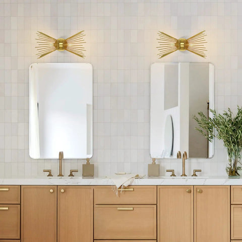 Brass Mid Century Modern Wall Sconces Set Of 2, Brushed Brass Starburst Wall Lighting above bathroom mirrors