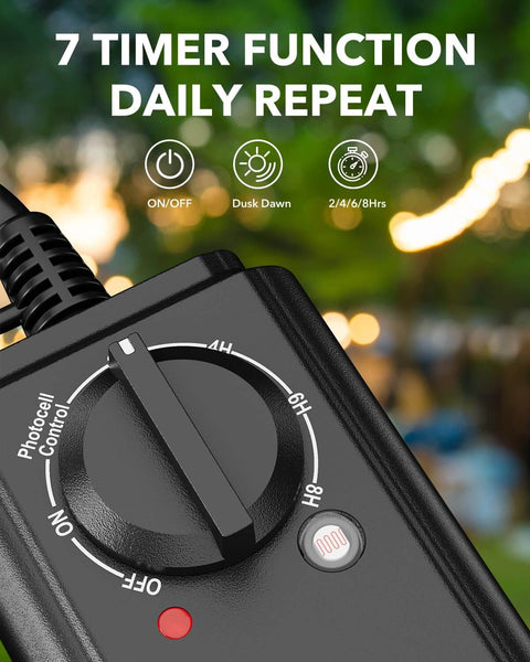 Close-up of No Fuss Outdoor Light Timer With Dusk To Dawn Sensor and 7 timer functions, showing dial and black weatherproof design.