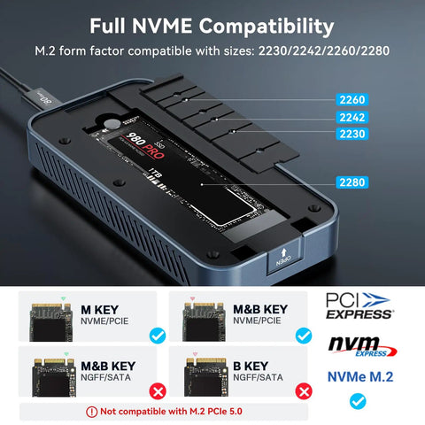 Pre Owned 80Gbps M.2 NVMe SSD Enclosure With Active Cooling Fan showing M.2 compatibility for 2230, 2242, 2260, 2280 sizes.