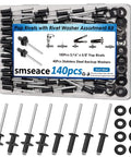 Black Pop Rivets With Washers Kit 140 Pieces Three Sixteenth By Five Eighth Inch Four Point Eight By Sixteen Millimeter Aluminum Rivets With 304 Stainless Steel Washers Assortment Pack In Plastic Box Perfect For Auto DIYers