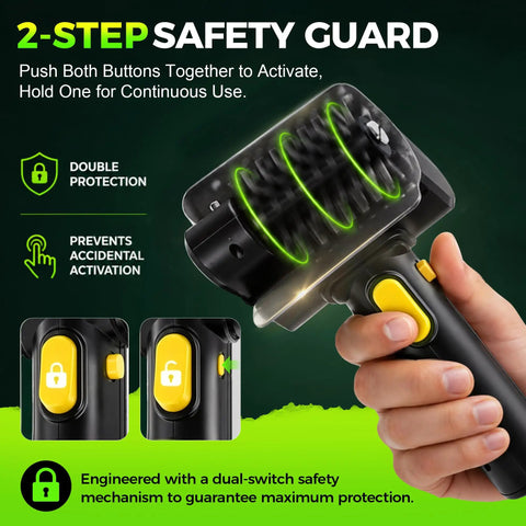Cordless USB Rechargeable Grill Brush For Grillin On The Go With High Speed 1100 RPM Motor shown with safety lock feature.