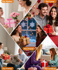 Collage showing five gift-giving scenarios for mother, lover, friend, father, and children with wrapped presents.