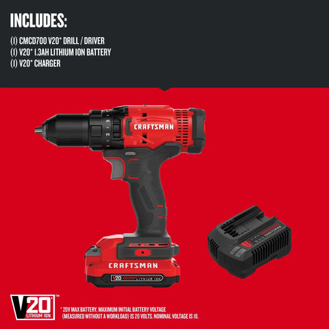 V20 Cordless Drill And Driver Kit With One Half Inch Keyless Chuck, 280 UWO, Two Speed Gearbox 0-350 And 0-1500 RPM, LED Work Light, Includes Battery And Charger For Quick DIY Projects