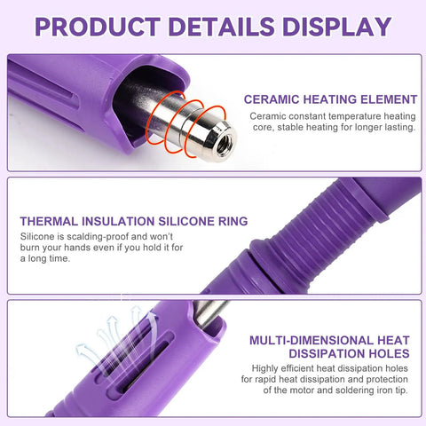 Close-up of purple Hotfix Rhinestone Setter Kit With 7 Tips And Quick Heat Wand, showing ceramic heating element, silicone ring, and heat holes.