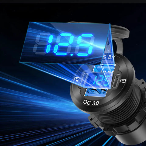 Close-up of Two Pack 12 V USB Outlet With Four 78 W Fast Charging Ports Dual PD USB C And Quick Charge 3 0 Aluminum Socket Featuring Built Voltmeter.