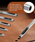 6 Piece Hollow Leather Hole Punch Set With 1.5mm To 4mm Sizes, shown on leather, highlighting carbon steel design and hole punches