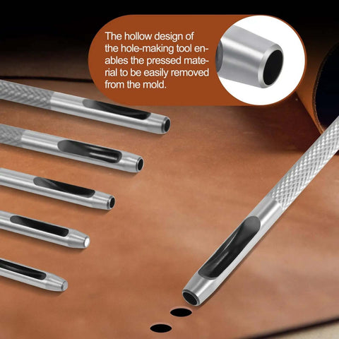 6 Piece Hollow Leather Hole Punch Set With 1.5mm To 4mm Sizes, shown on leather, highlighting carbon steel design and hole punches
