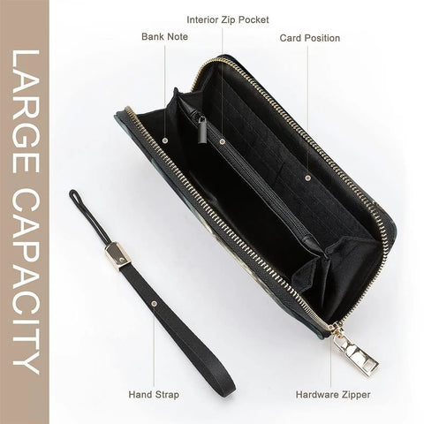 Interior view of Dragon Boat Viking Themed Womens PU Leather Long Clutch Wallet showing card slots and zip pocket