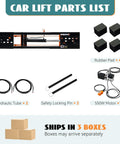 Car lift parts list with hydraulic tubes, rubber pads, safety pins, and 550W motor for Heavy Duty 5000 Lb Portable Car Lift.