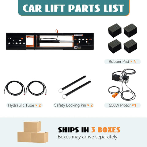 Car lift parts list with hydraulic tubes, rubber pads, safety pins, and 550W motor for Heavy Duty 5000 Lb Portable Car Lift.