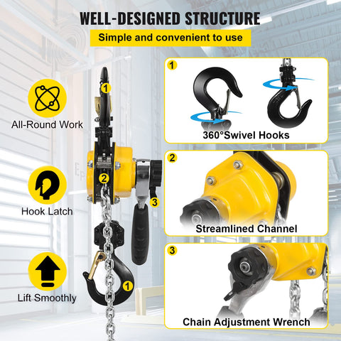 Go To Handheld Mini Lever Chain Hoist Half Ton 10 Foot G80 Alloy Steel Chain showing swivel hooks and adjustment wrench