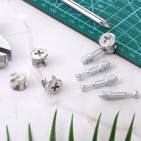 10 Piece Furniture Connecting Rods And 10 Cam Locks Set For Cabinets And Wardrobes, Zinc Alloy Cam Lock Fasteners on table