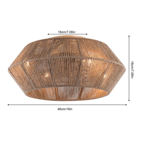 Rattan Ceiling Fan with Caged Flush Mount Low Profile for Bedroom Living, 18cm height, made of woven twine, artistic design.