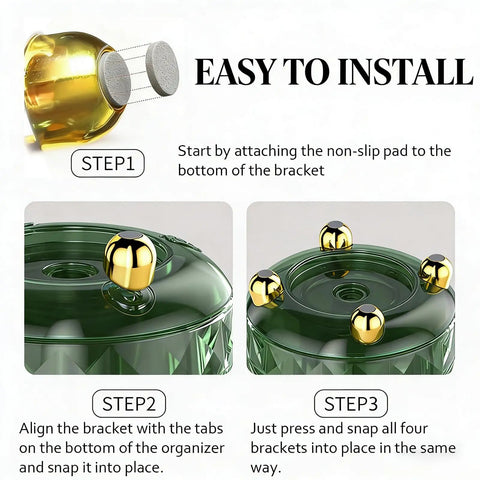 Installation steps for dark green 6 compartment desk organizer with 360 degree rotating pen holder and anti-slip base.