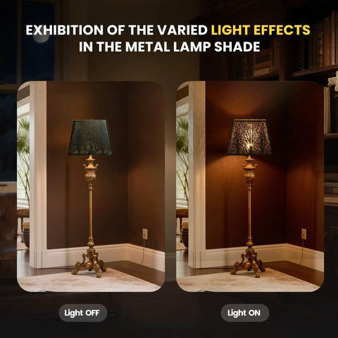 Medium Square Tree Pattern Metal Lampshade For Table And Floor Lamps, 9 x 12 x 8.8 Inches, showing light effects on and off