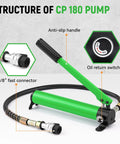 Front view of Newhai 20-ton hydraulic porta-power kit with CP-180 hand pump, green hydraulic ram and hoses