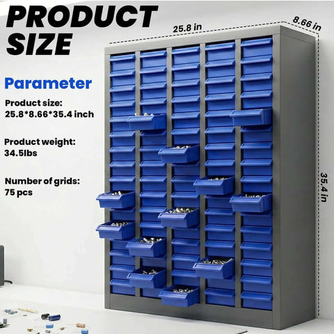 Alloy Steel 75 Drawer Parts Cabinet Organizer With ABS Drawers For Heavy Duty Hardware Storage In Shop Warehouse And Factory Workspaces Built Tough For Daily Use And Easy Access shown.