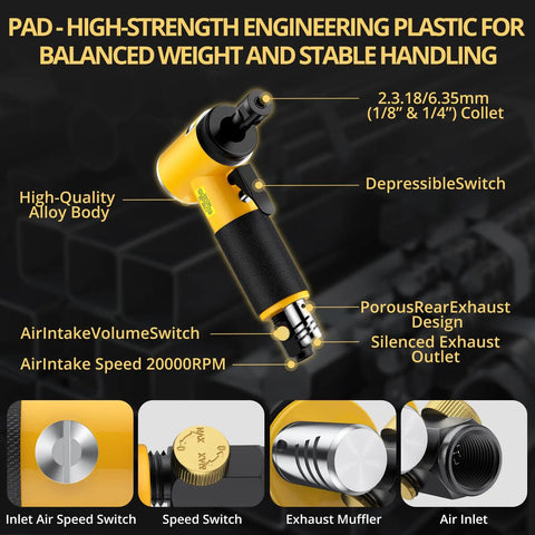 Right Angle Air Die Grinder Kit With One Quarter Inch And One Eighth Inch Collets, Two Inch Quick Change Roll Lock Sanding Discs