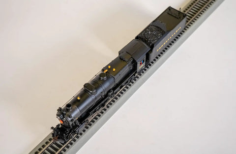 Top view of HO Scale PRR K4 Steam Locomotive Number 5492 Pre War With Slat Pilot DCC Sound Equipped on track.