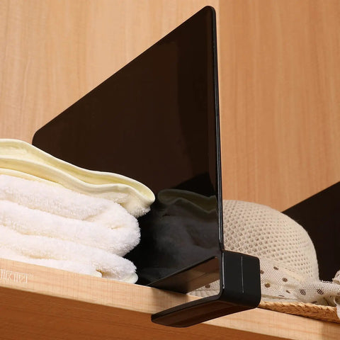 Black Acrylic Shelf Dividers Eight Pack for Closets and Shelves with towels and hats on wooden shelf