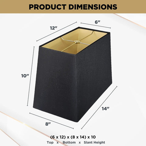 Bold Black Rectangle Hardback Lamp Shade With Gold Lining, 6x12 x 8x14 x 10, Premium Linen Or Silk Type Shantung, Black Exterior With Gold Interior, Standard Spider Fitter, Classic Yet Modern Living Room Decor