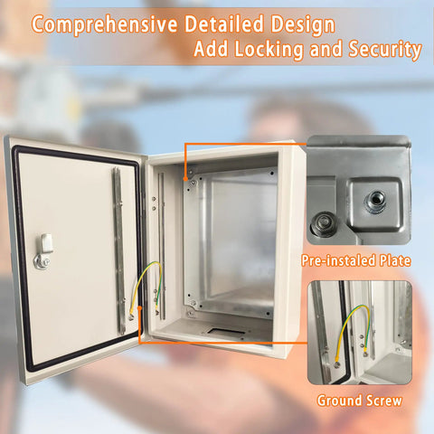 Heavy Duty Workhorse 16X12X8 Electrical Enclosure Box Nema 4 IP66 showing internal details and pre-installed plate.