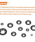 Solid As A Rock Star Lock Washers And Speed Clip Hardware Assortment Kit With M3 To M12 Steel Fasteners featuring black oxide finished 65Mn steel washers in various sizes.